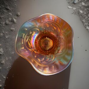 Dugan Circle Scroll Marigold Carnival Glass Tri-Corner Hat Bowl Iridescent 6"